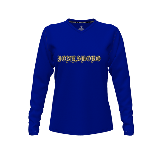 [CUS-DFW-TEES-CMF-VNK-LSL-RYL-FYXS-LOGO2] Decker Comfort T-Shirt (Female Youth XS, Royal, V Neck, Logo 2, Long Sleeve)
