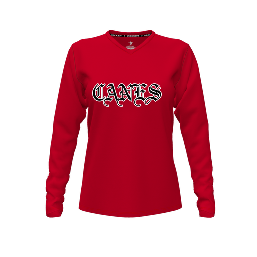 [CUS-DFW-TEES-PER-VNK-LSL-RED-FYXS-LOGO1] Decker Performance T-Shirt (Female Youth XS, Red, V Neck, Logo 1, Long Sleeve)