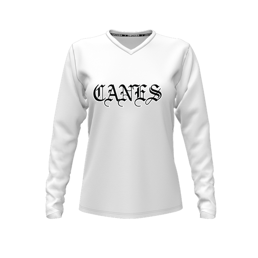 [CUS-DFW-TEES-CMF-VNK-LSL-WHT-FYXS-LOGO1] Decker Comfort T-Shirt (Female Youth XS, White, V Neck, Logo 1, Long Sleeve)