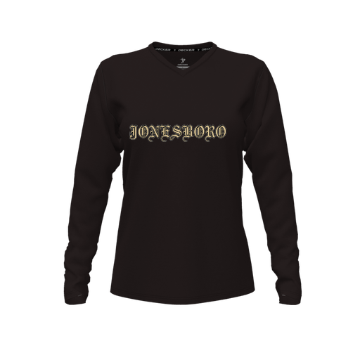 [CUS-DFW-TEES-CMF-VNK-LSL-BLK-FYXS-LOGO2] Decker Comfort T-Shirt (Female Youth XS, Black, V Neck, Logo 2, Long Sleeve)
