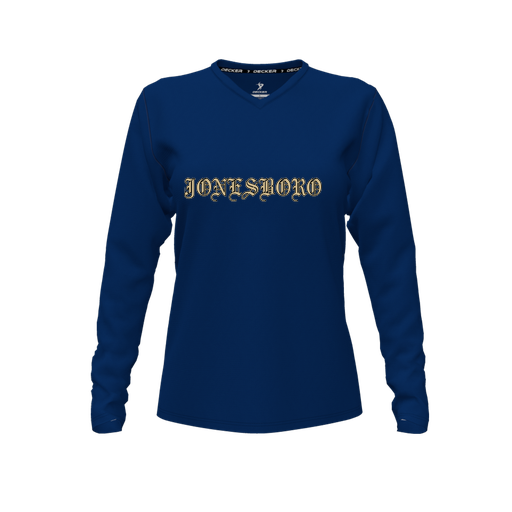 [CUS-DFW-TEES-CMF-VNK-LSL-NVY-FYXS-LOGO2] Decker Comfort T-Shirt (Female Youth XS, Navy, V Neck, Logo 2, Long Sleeve)